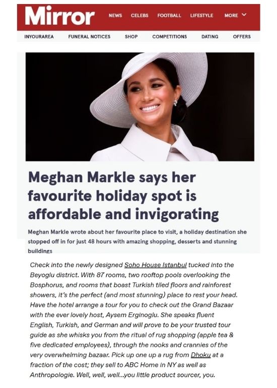 Meghan Markle featured with Dhoku handmade rugs in international press article